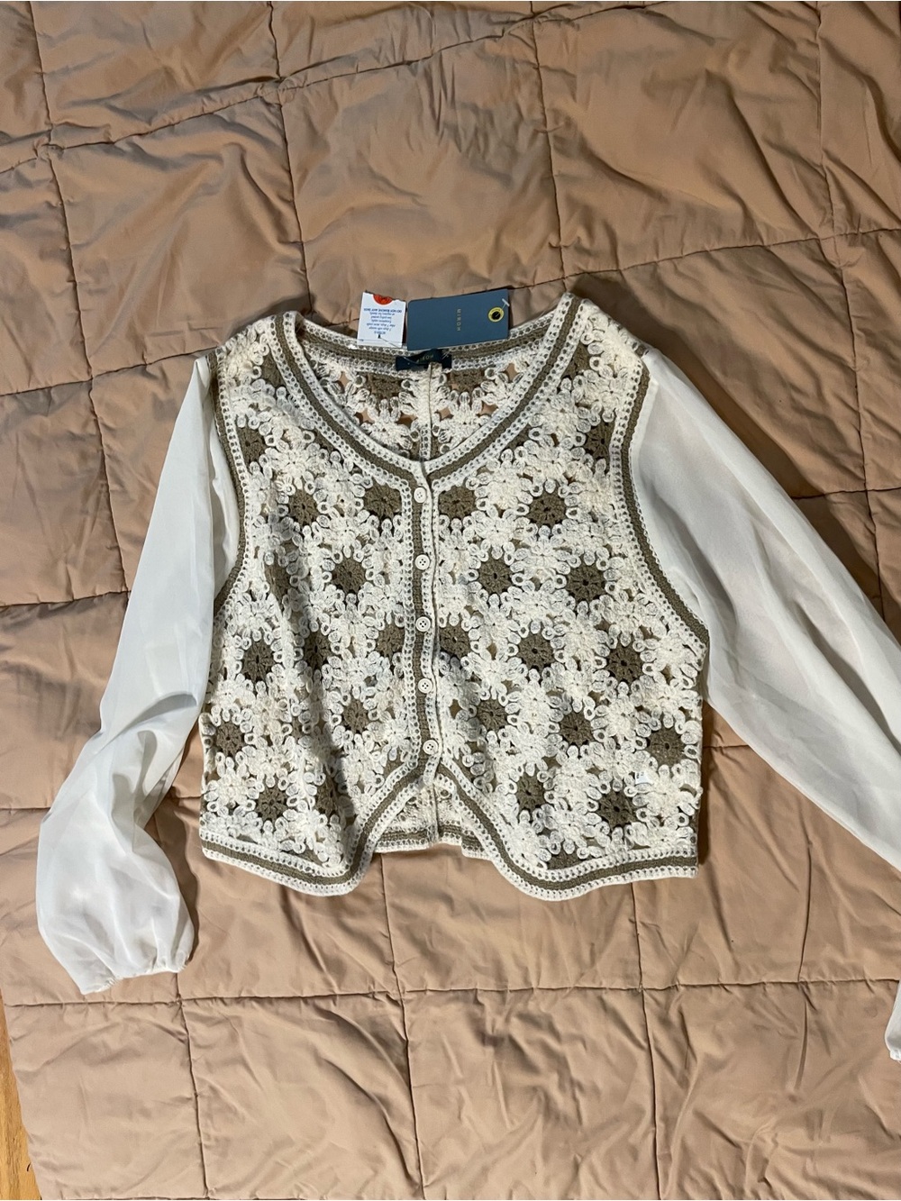 Women’s Cream Crochet Front Cardigan Sweater with Sheer Sleeves